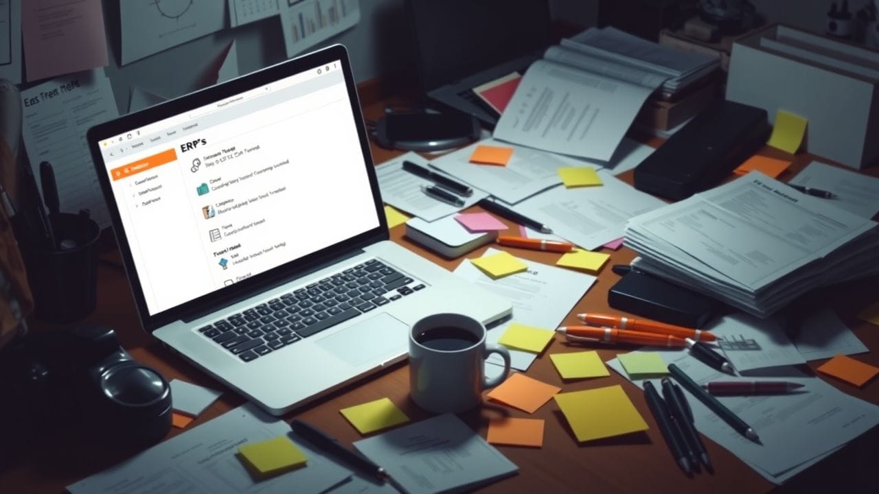 Een rommelig bureau met open laptop en kantoorbenodigdheden.