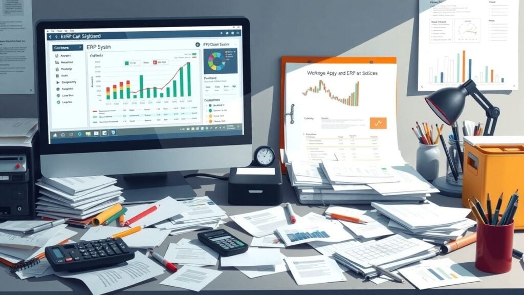 Een rommelig kantoorbureau met een ERP-systeemdashboard en kantoorbenodigdheden.