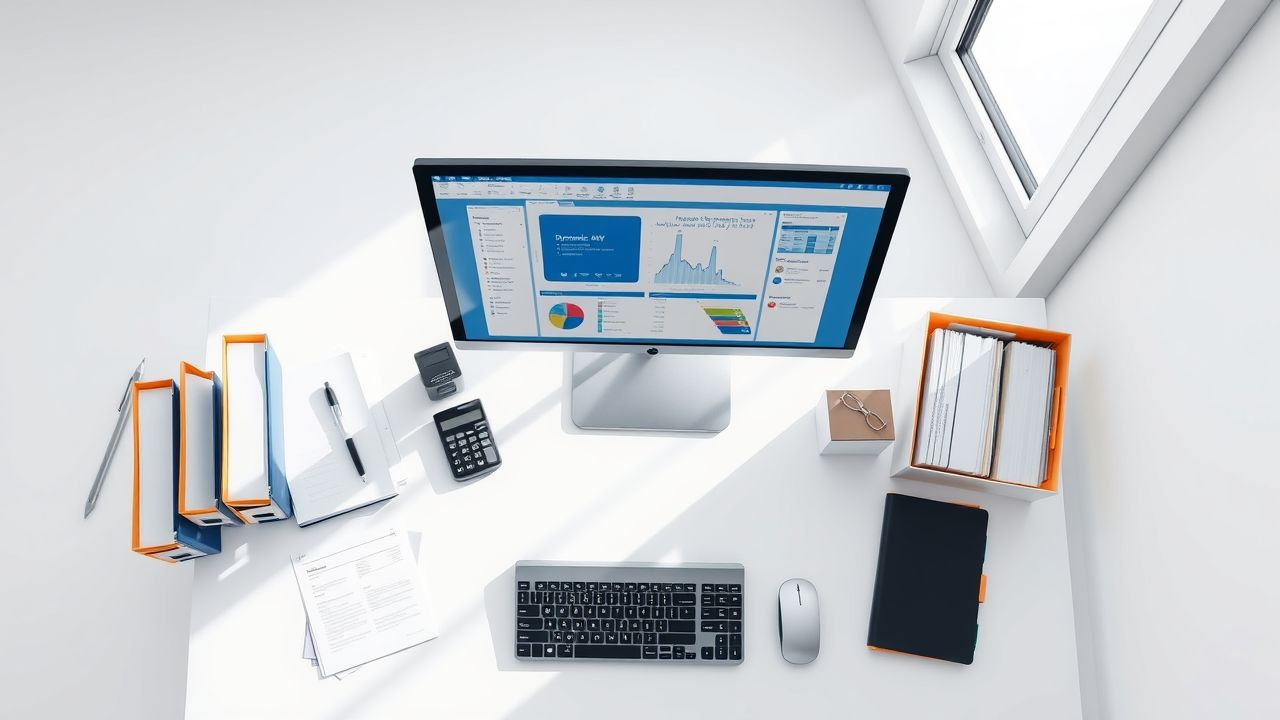 Een opgeruimd kantoorbureau met computer en financiële documenten. Een opgeruimd kantoorbureau met computer en financiële documenten.