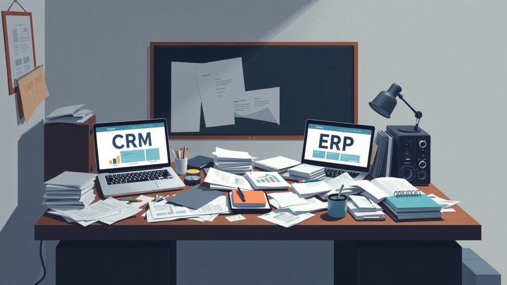 Een druk bureau met CRM en ERP software, rommelig maar georganiseerd.