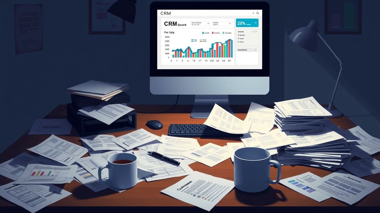 Een rommelig bureau met klantgegevens en een CRM-dashboard op de computer. Een rommelig bureau met klantgegevens en een CRM-dashboard op de computer.