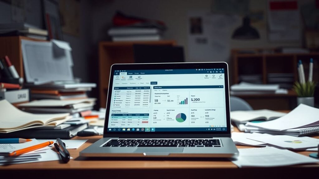 Een open laptop toont een gedetailleerde ERP-software interface op een rommelig bureau.