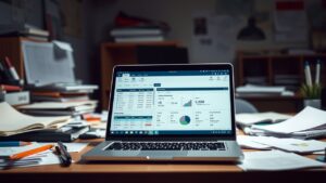 Een open laptop toont een gedetailleerde ERP-software interface op een rommelig bureau.