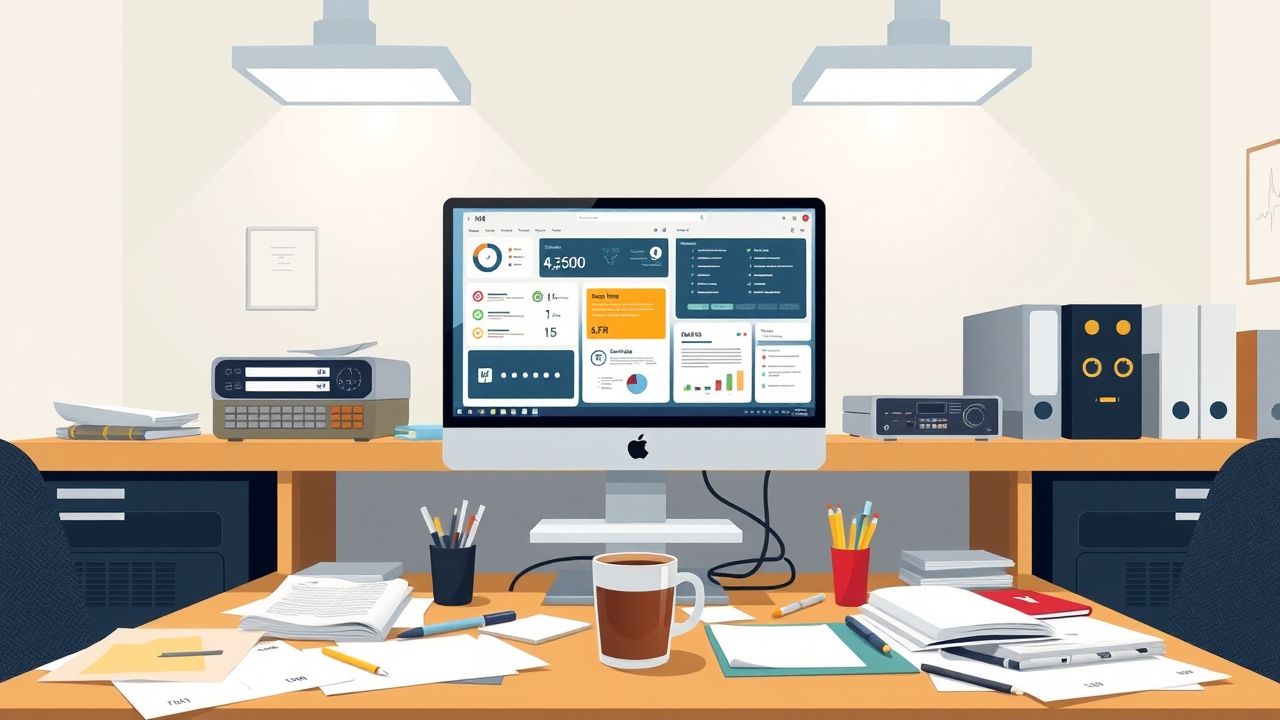 Een rommelig kantoorbureau met ERP-software op het computerscherm. Een rommelig kantoorbureau met ERP-software op het computerscherm.