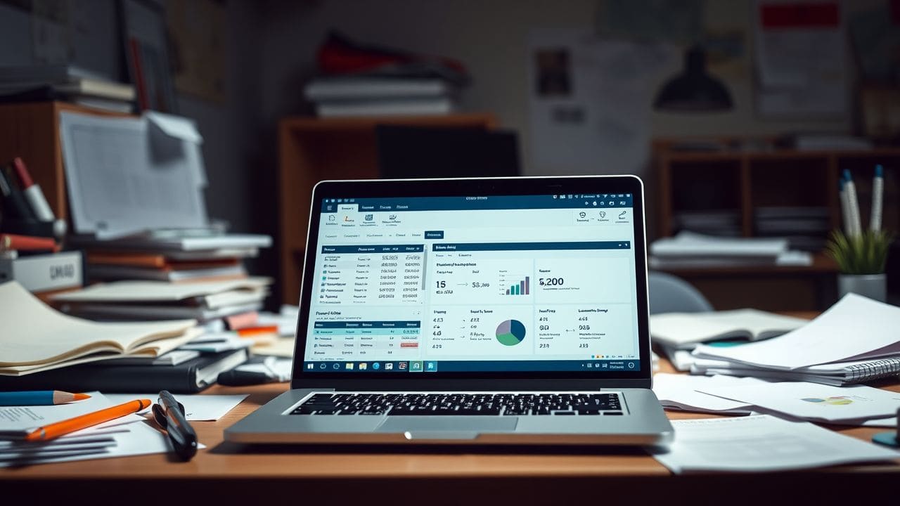 Een open laptop toont een gedetailleerde ERP-software interface op een rommelig bureau.