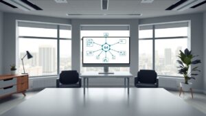 Een opgeruimde kantoorruimte met een computer die zakelijke processen weergeeft.