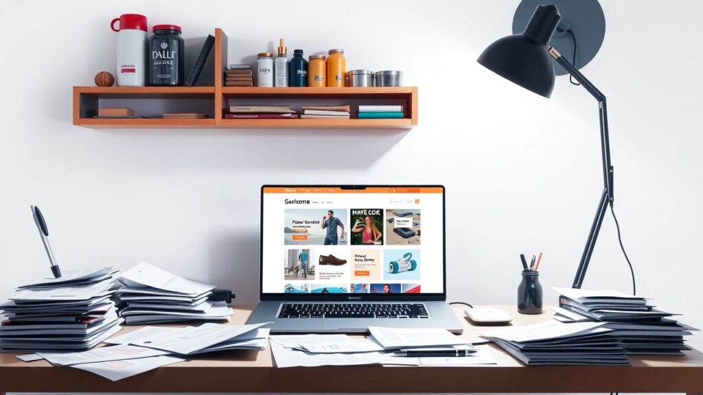 Een rommelig kantoor met open laptop en producten op planken.
