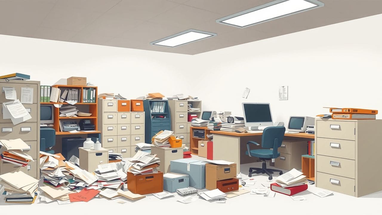 Een rommelig en chaotisch kantoor in een kleine tot middelgrote onderneming.