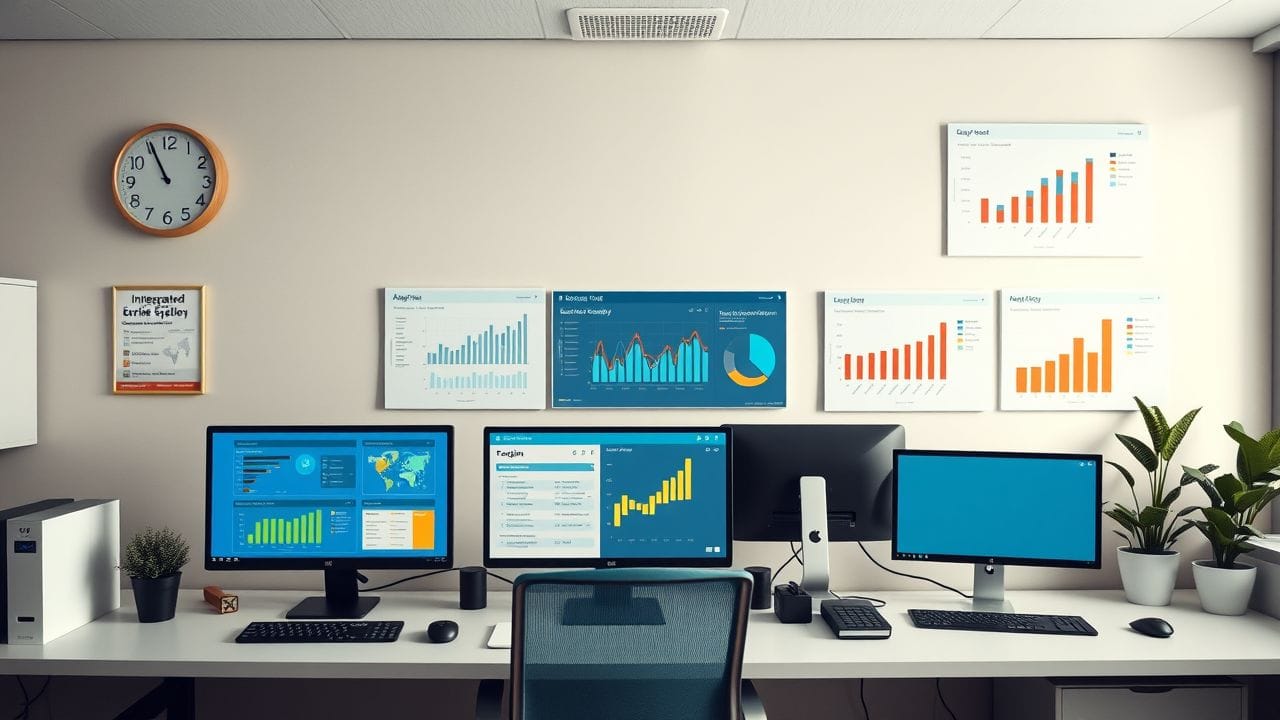 Een opgeruimde kantoorwerkplek met moderne technologie en geïntegreerde ERP-systemen.