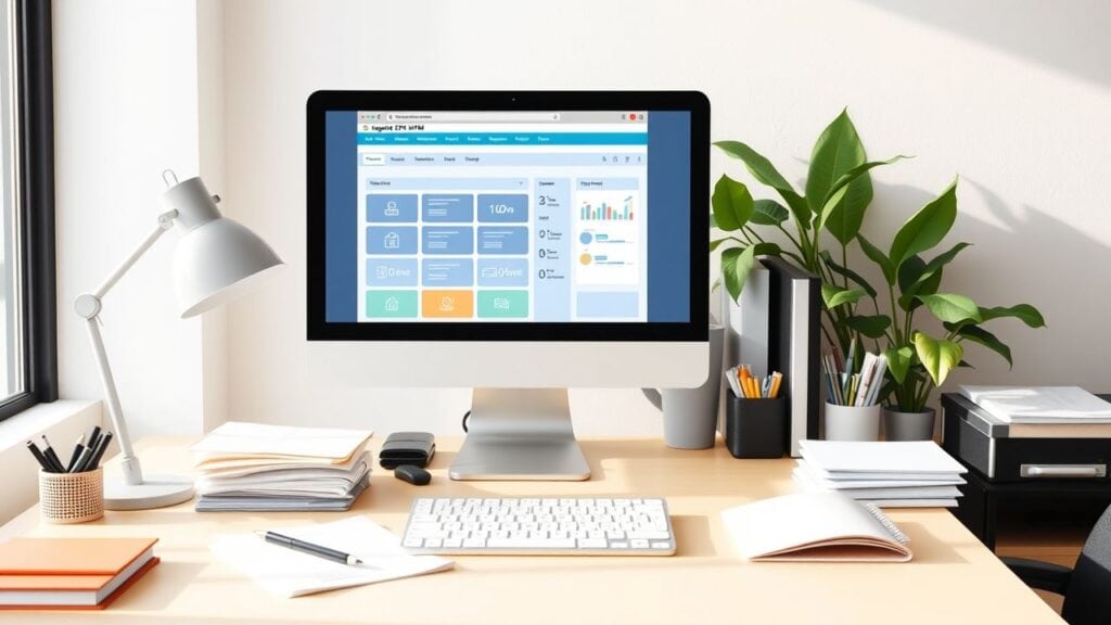 Een opgeruimd kantoor met een geïntegreerd ERP HRM-systeem op een computerscherm.