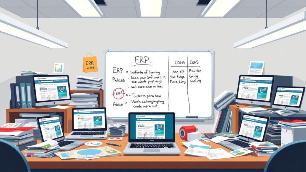 Een rommelig kantoorbureau met ERP-software brochures en laptops.