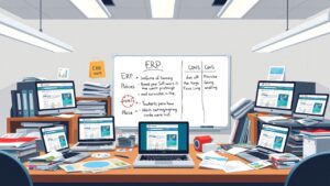 Een rommelig kantoorbureau met ERP-software brochures en laptops.