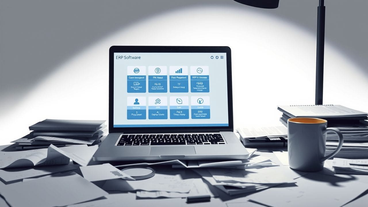 Een rommelig kantoor met een open laptop en ERP-softwareopties. Een rommelig kantoor met een open laptop en ERP-softwareopties.