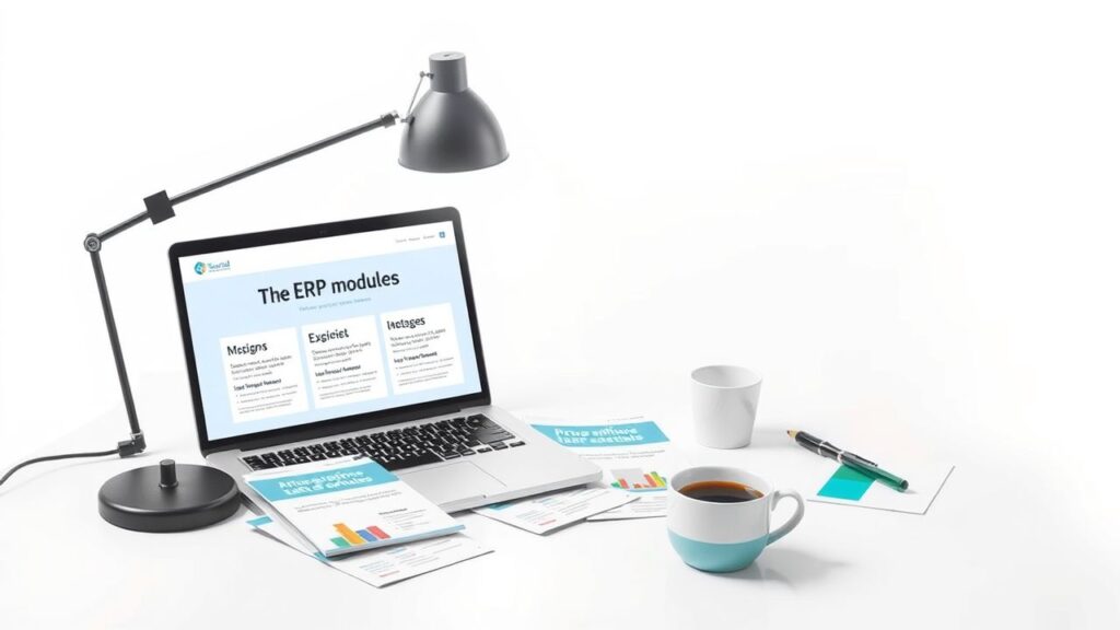 Een opgeruimd kantoorbureau met ERP-module pamfletten en laptop.