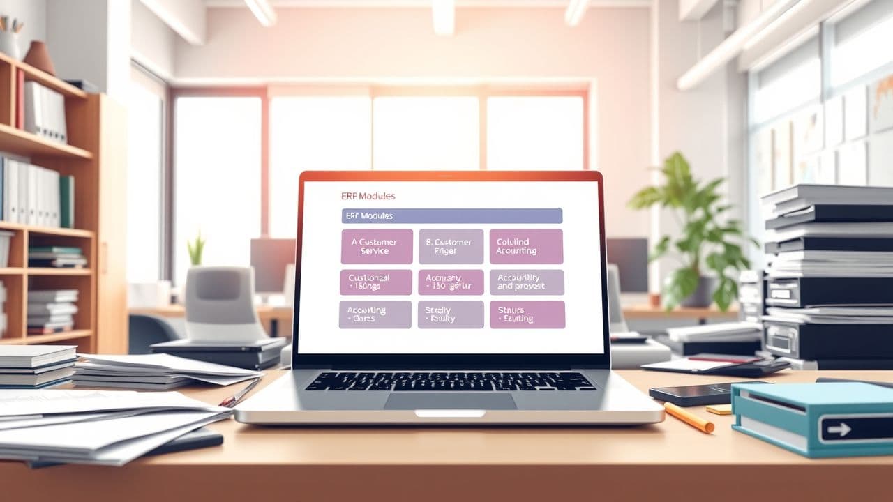 Een open laptop toont verschillende ERP-modules in een druk kantoor. Een open laptop toont verschillende ERP-modules in een druk kantoor.