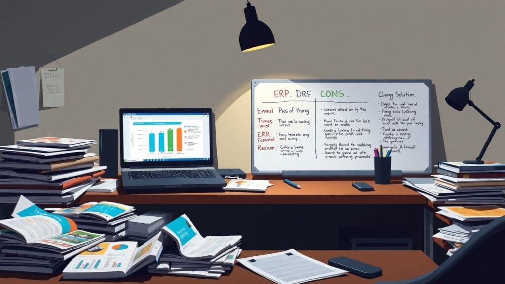 Een rommelig kantoor met ERP-softwarebrochures, laptop en whiteboard.