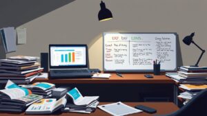 Een rommelig kantoor met ERP-softwarebrochures, laptop en whiteboard.