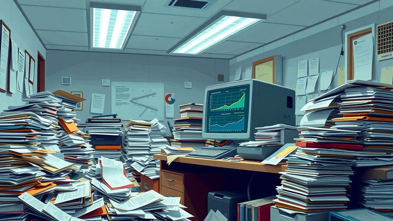 Een rommelig kantoor met stapels papierwerk en verouderde computerapparatuur. Een rommelig kantoor met stapels papierwerk en verouderde computerapparatuur.