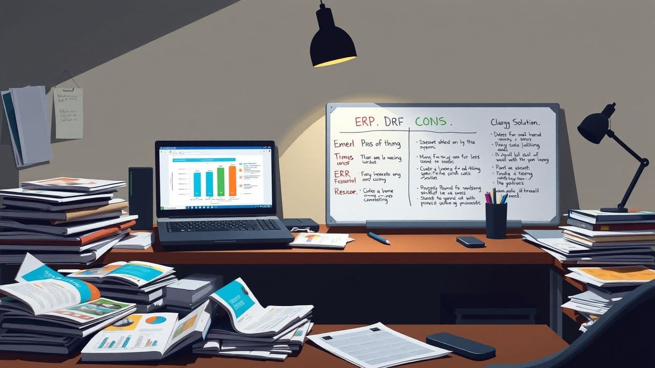 Een rommelig kantoor met ERP-softwarebrochures, laptop en whiteboard.