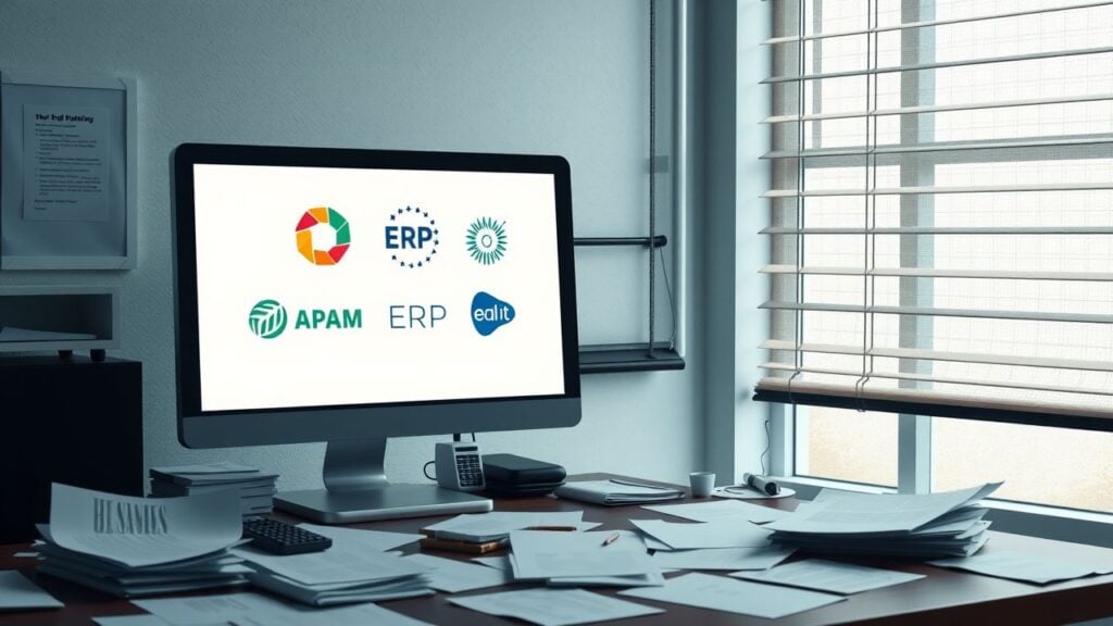 Een rommelig kantoorbureau met ERP-softwarelogo's op de computer.