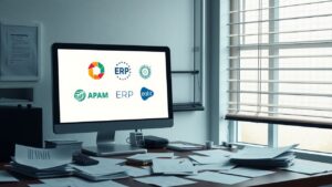 Een rommelig kantoorbureau met ERP-softwarelogo's op de computer.