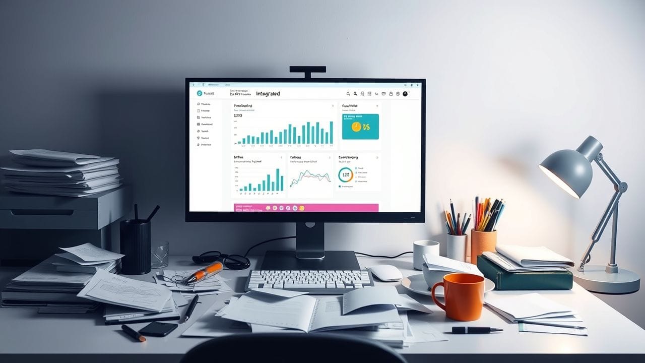 Een rommelig kantoorbureau met een computer die een geïntegreerd ERP-systeem dashboard weergeeft.