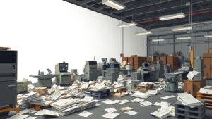 Een rommelige productievloer zonder geïntegreerd ERP-systeem.