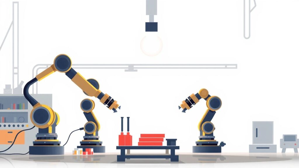 Een moderne fabriek met robotarme kwaliteitscontrole en ERP-systemen.