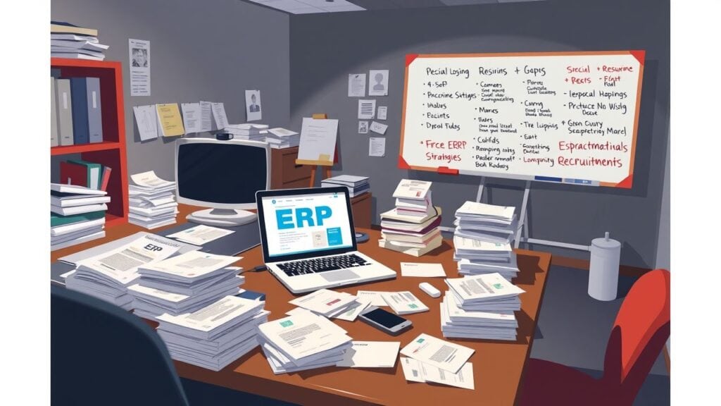 Een rommelig kantoor met focus op ERP werving voor bedrijfsontwikkeling.