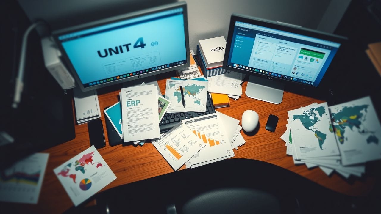 Een rommelig kantoorbureau met ERP-documentatie, computerschermen en wervingsmateriaal. Een rommelig kantoorbureau met ERP-documentatie, computerschermen en wervingsmateriaal.