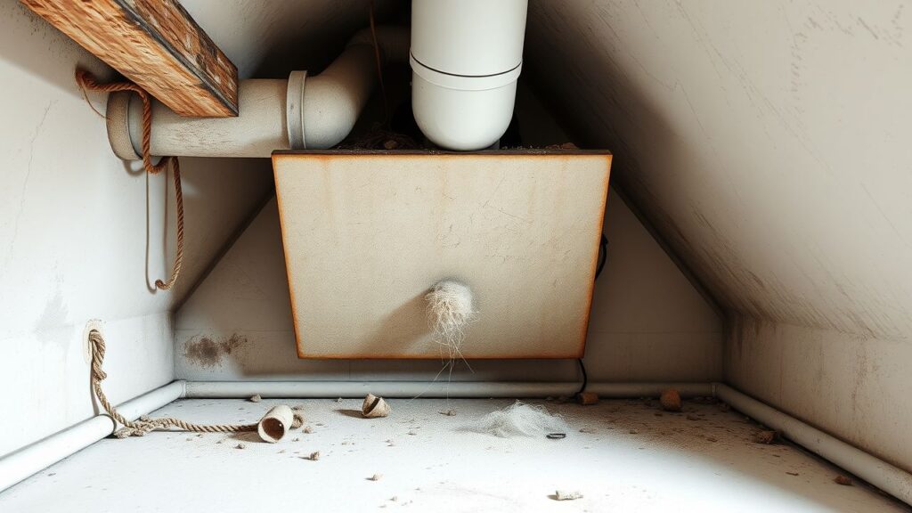 Een verwaarloosd en stoffig ventilatiesysteem in een donkere zolder.