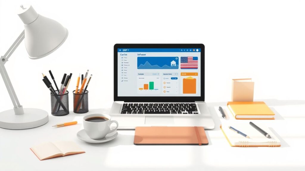 Een opgeruimd bureau met laptop en kantoorbenodigdheden.