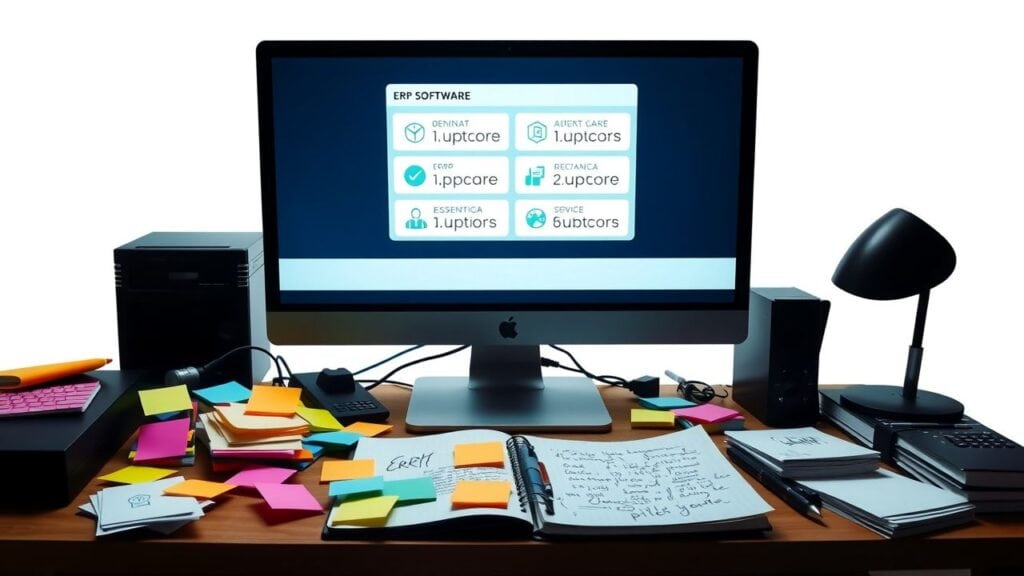Een rommelig kantoorbureau met een computer en ERP-software opties.