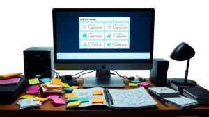 Een rommelig kantoorbureau met een computer en ERP-software opties.