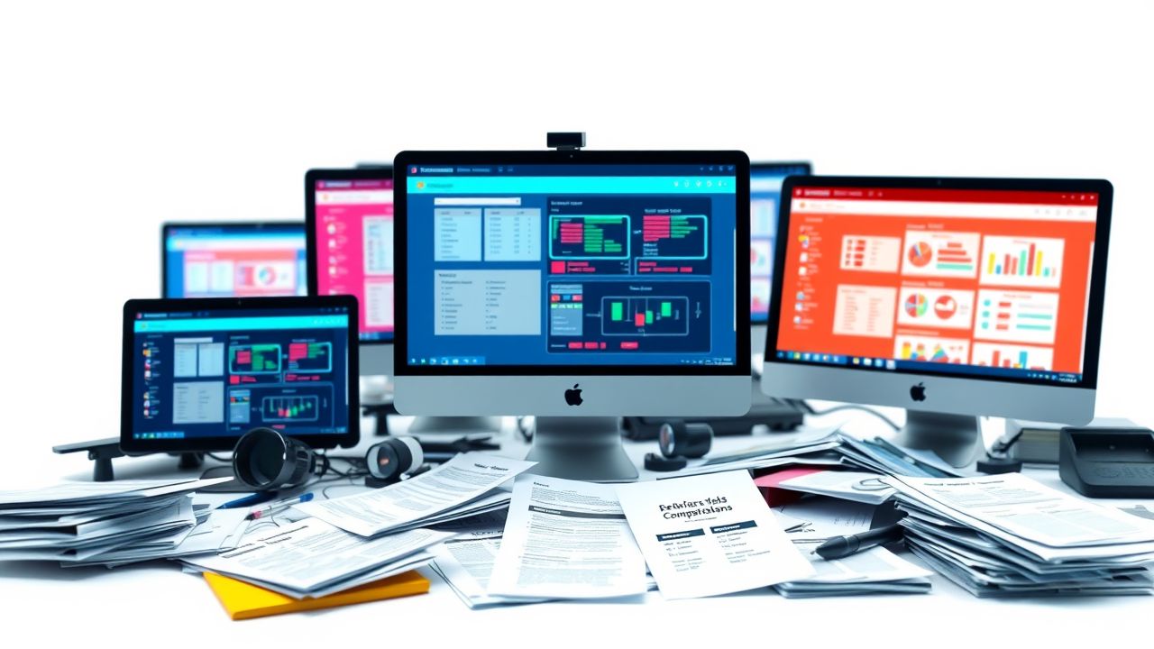 Een kantoorruimte met verschillende ERP-systemen op computerschermen en bijbehorende documentatie. Een kantoorruimte met verschillende ERP-systemen op computerschermen en bijbehorende documentatie.