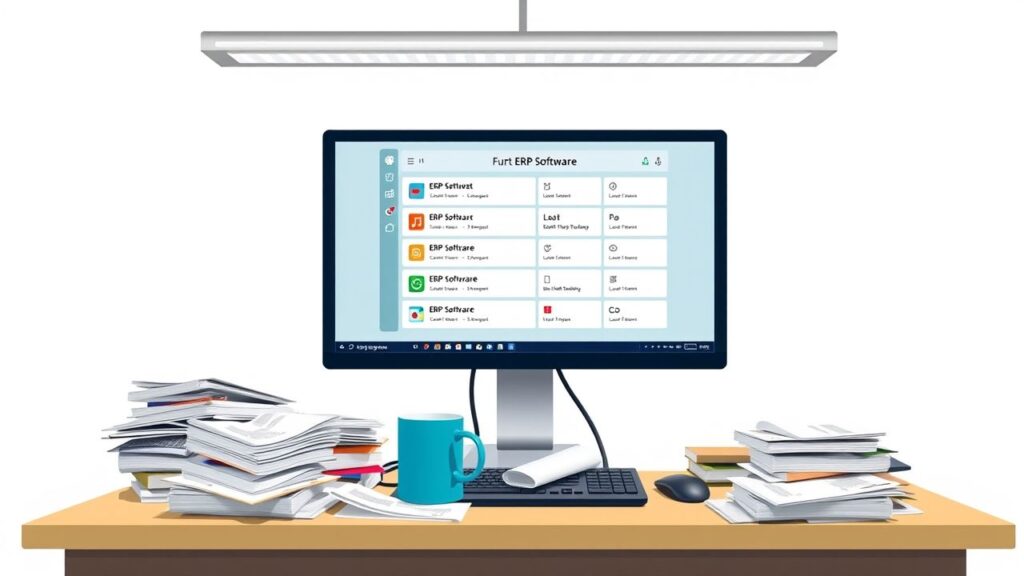 Een rommelig kantoorbureau met ERP-softwareopties op de computer.