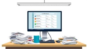 Een rommelig kantoorbureau met ERP-softwareopties op de computer.