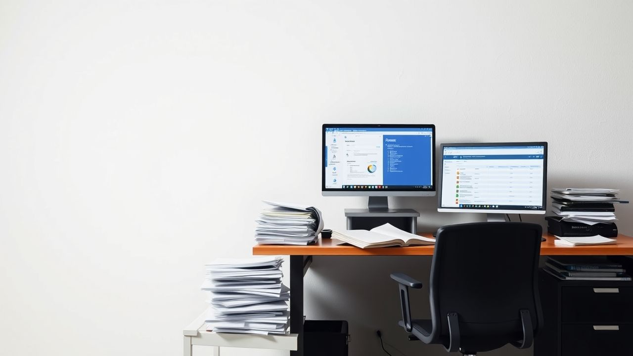 Een rommelig kantoorbureau met computers en papierwerk. Een rommelig kantoorbureau met computers en papierwerk.