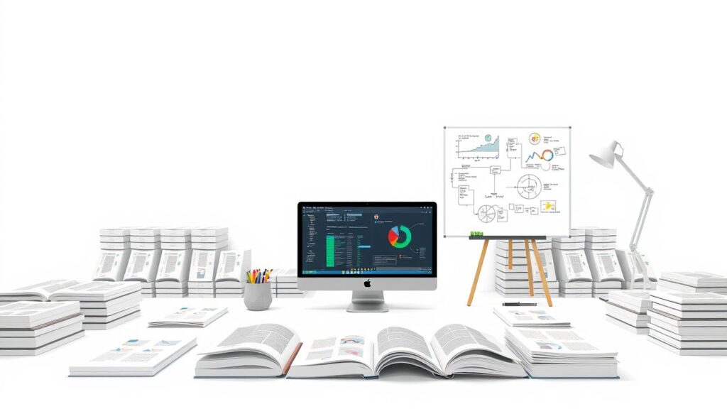 Een kantoorruimte met een desktop computer met ERP software en technische handleidingen.