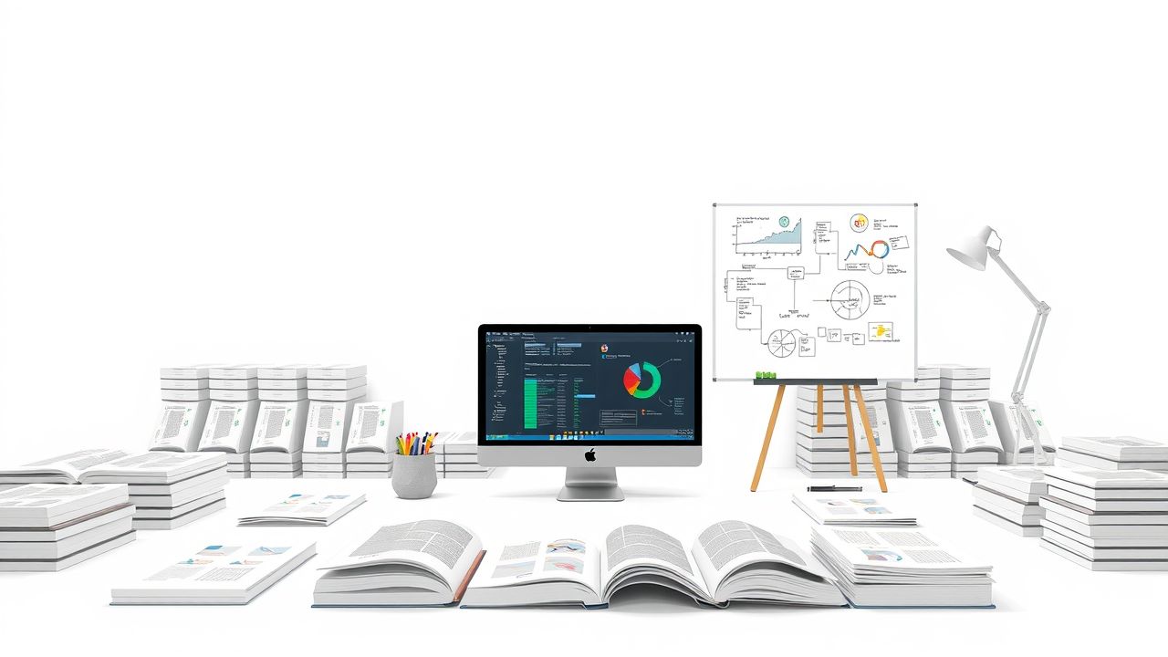 Een kantoorruimte met een desktop computer met ERP software en technische handleidingen.