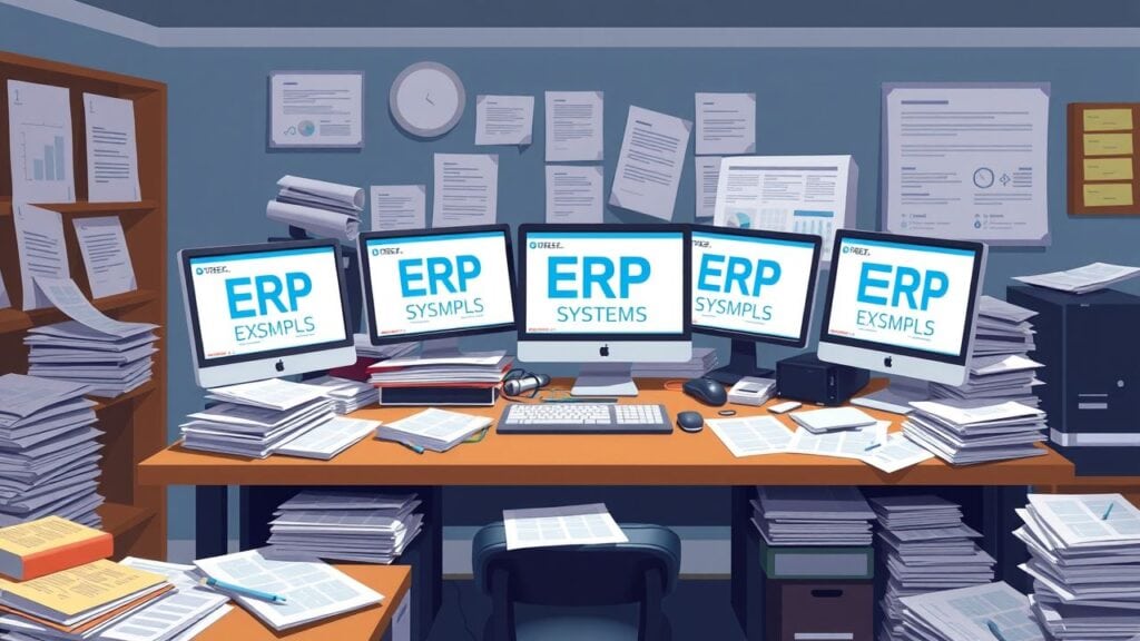Een rommelig kantoor met meerdere ERP-systeemvoorbeelden en stapels papierwerk.