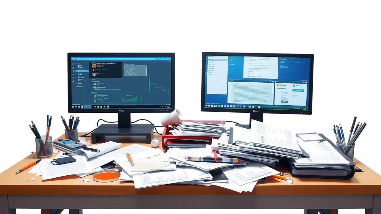 Een rommelig kantoorbureau met computers, papieren en koffievlekken. Een rommelig kantoorbureau met computers, papieren en koffievlekken.