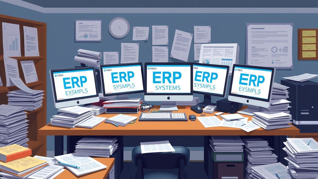 Een rommelig kantoor met meerdere ERP-systeemvoorbeelden en stapels papierwerk.