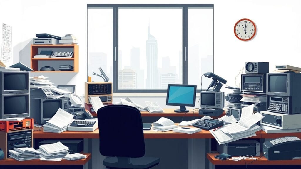 Een rommelig kantoor met verouderde technologie en documenten.