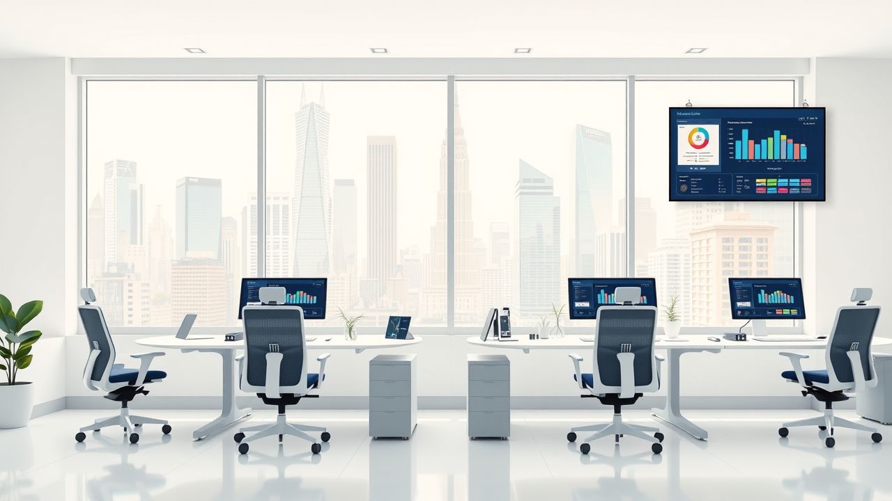 Een moderne kantooromgeving met geavanceerde ERP-systemen en futuristisch design. Een moderne kantooromgeving met geavanceerde ERP-systemen en futuristisch design.