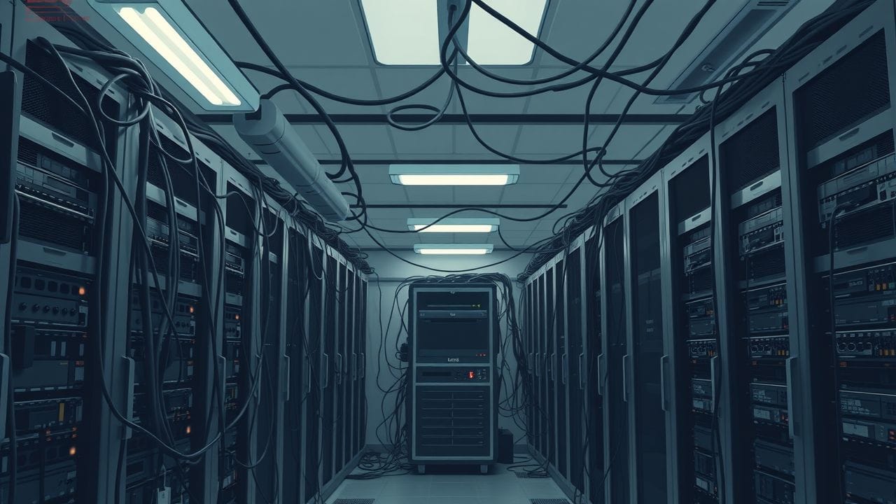 Een verouderde serverruimte met wirwar van kabels en oude technologie. Een verouderde serverruimte met wirwar van kabels en oude technologie.