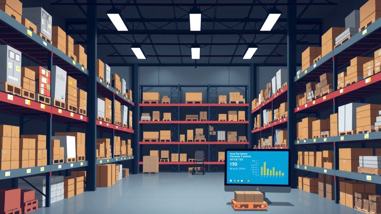 Een georganiseerd magazijn met inventarisbeheersysteem en producten op rekken. Een georganiseerd magazijn met inventarisbeheersysteem en producten op rekken.