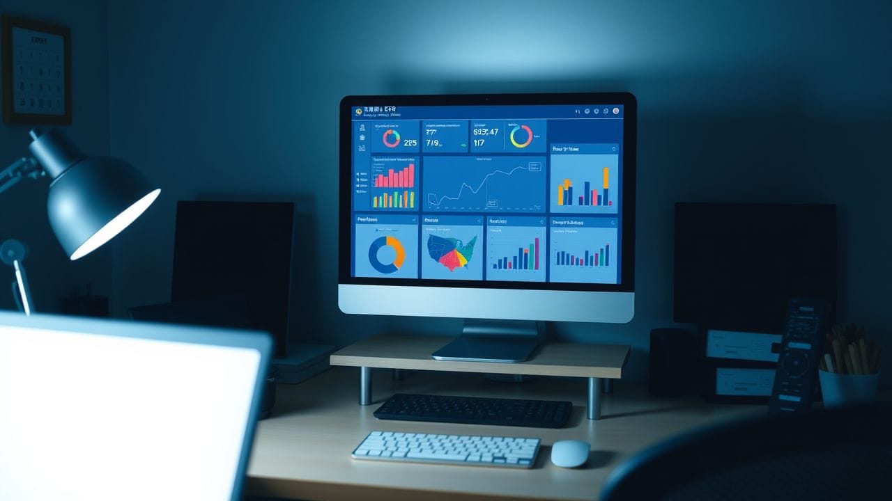 Een opgeruimd kantoorbureau met een computer dat een ERP-software dashboard weergeeft. Een opgeruimd kantoorbureau met een computer dat een ERP-software dashboard weergeeft.