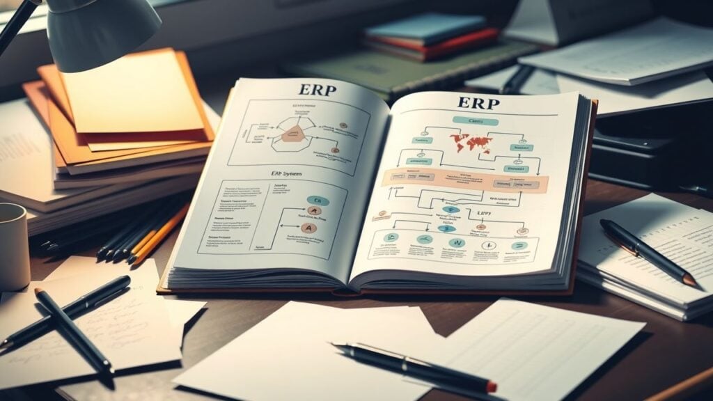 Een open boek met ERP-systeemdiagrammen op een rommelig kantoorbureau.