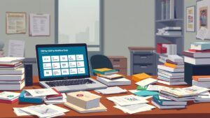 Een rommelig kantoor met overvol bureau en open laptop.